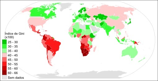 Mapa světa regionalizovaná na základě Giniho indexu **