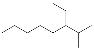 Štruktúra 3-etyl-2-metyloktánu v otázke UEG o nomenklatúre uhľovodíkov.
