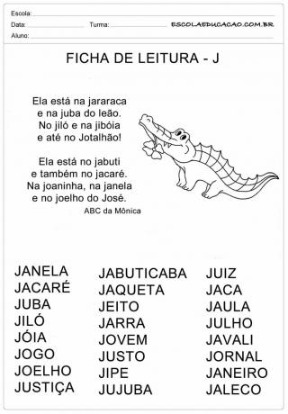 Reading Sheet Letter J - Alligator