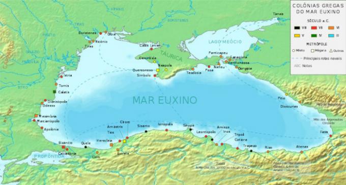 Mapa označujúca Periplus Euxinského mora, cestu uskutočnenú v oblasti Čierneho mora.