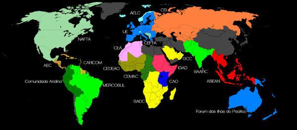 Mapa s většinou ekonomických bloků na světě