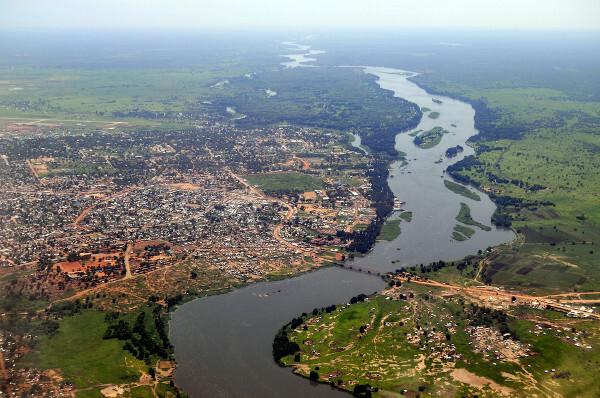  Aerial view of Juba, capital of South Sudan, on the banks of the River Nile.