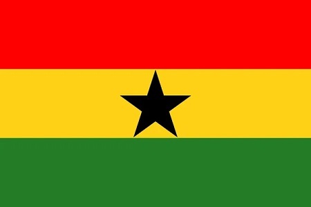 Ghána zászlaja piros, sárga és zöld színben. Fekete csillag a közepén. 