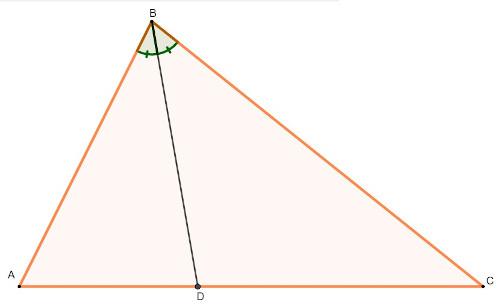  Треугольник ABC бежевого цвета с оранжевыми ребрами и углом, обозначенным зеленым цветом, очерчен биссектрисой BD.
