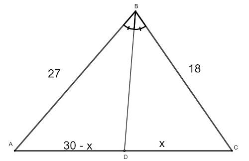  Белый треугольник ABC со сторонами 27, 30 и 18, с проведенной биссектрисой BD.