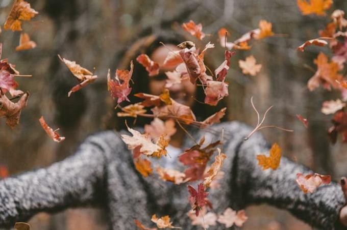 woman throws dry leaves in the air during an autumn day