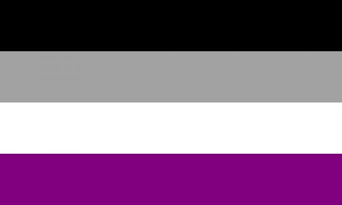 Asexuell prideflagga med svarta, gråa, vita och lila färger.
