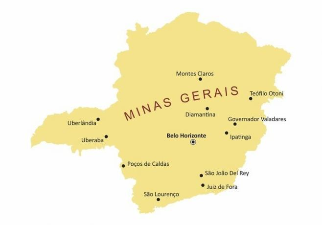 Kart over Minas Gerais (byer, vei, mesoregioner)