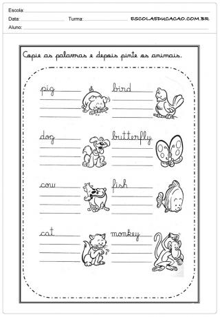 Dejavnosti v angleščini za tiskanje - kopirajte besede in pobarvajte živali