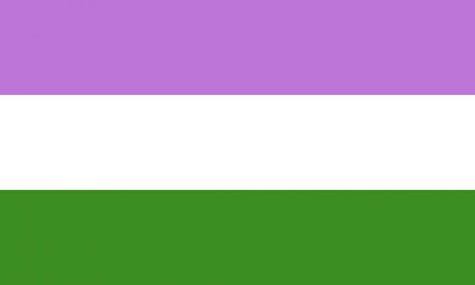 Queer flagga med vita, lila och gröna färger.