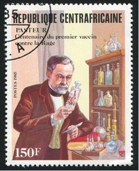 Stämpel tryckt av Centralafrikanska republiken visar Louis Pasteur (1822-1895), kemist och mikrobiolog, ca 1985 *