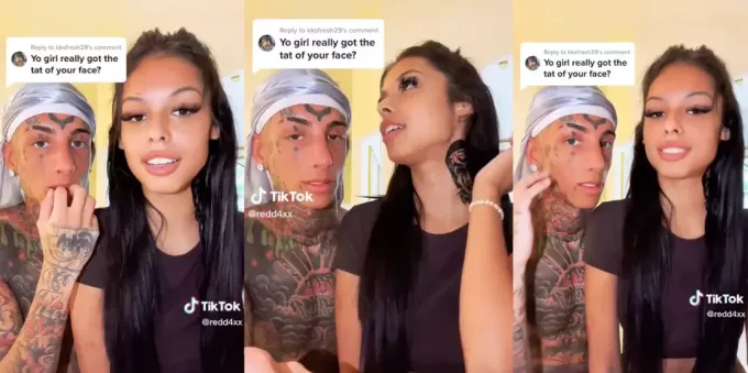 Femeie care și-a tatuat fața iubitului ei.