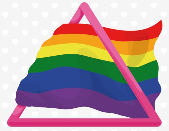 Розов триъгълник и знаме с дъга, символи на LGBTQIA+ общността.