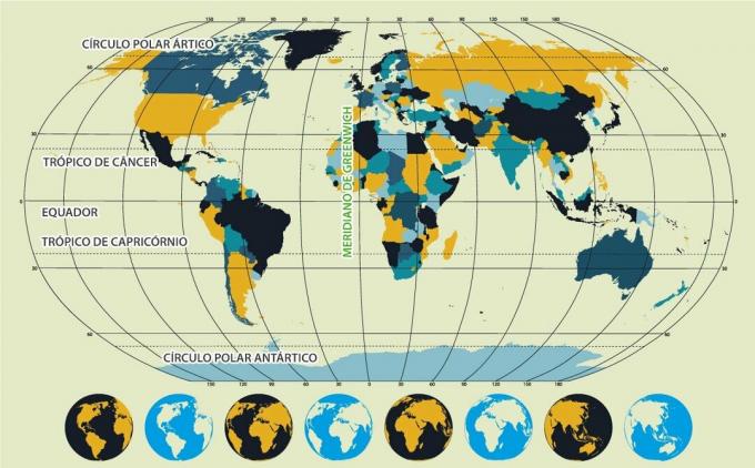 خريطة العالم بظلال من اللون الرمادي الداكن والأصفر والأزرق توضح أوجه التشابه وخطوط الطول الرئيسية.