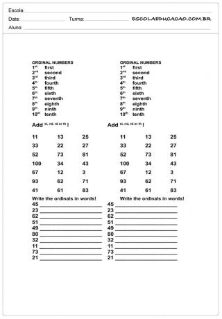 English Ordinal Numbers Activities - Ordinal Numbers Task