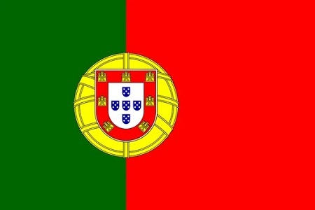 Portugália zászlaja sötétzöld, piros, sárga színben, fehér és kék részletekkel.