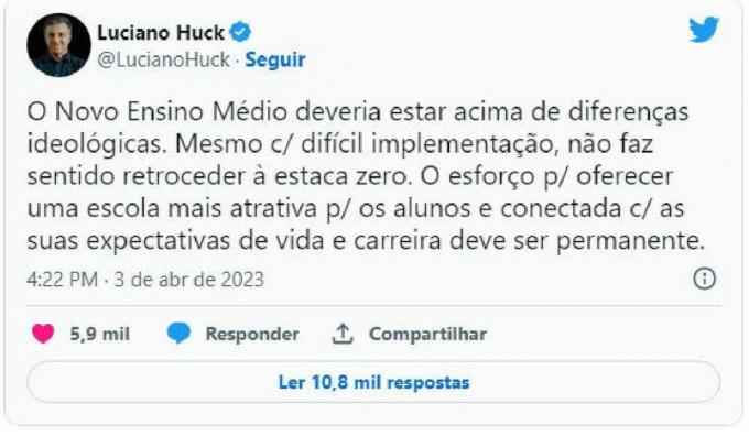 Luciano Huck is criticized on Twitter after defending Novo Ensino Médio