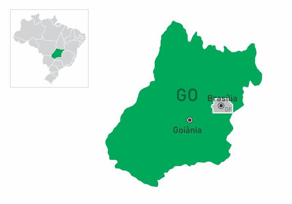  Goiânia와 Brasília에 중점을 둔 Goiás 주 영토의 위치와 실루엣.