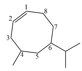 炭化水素命名法で使用される構造、シクロアルケンの 6-イソプロピル-4-メチルシクロオクタン。