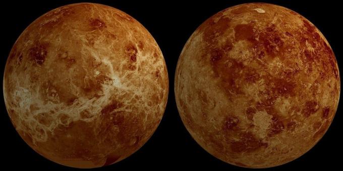 De to sider af planeten Venus, farvet orange, set side om side.
