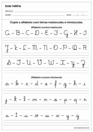 Kopier aktivitetsark med store og små bogstaver i alfabetet i kursiv