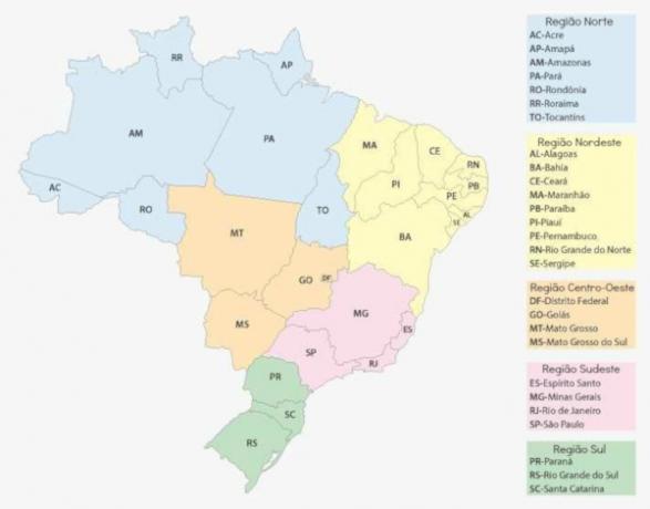 IBGE rozděluje brazilské území do pěti regionů.