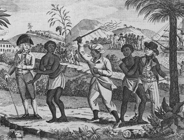  식민주의의 맥락에서 아프리카인의 노예화에 대한 삽화.