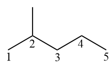 A szénhidrogén elnevezésére használt szerkezet 2-metilpentán, egy alkán.