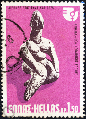 Greek stamp commemorating the International Year of Women featuring a Neolithic female deity *