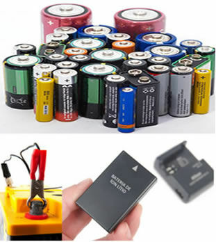 Ogniwa pierwotne i baterie na pierwszym planie, a na drugim ładowanie baterii wtórnych (ołowiowych i litowo-jonowych)