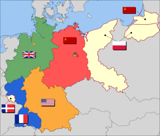 Zemljevid, ki prikazuje razdelitev Nemčije na štiri okupacijske cone, ki je bila sprejeta na Potsdamski konferenci.
