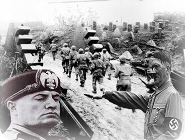 موسوليني وهتلر خلال الحرب العالمية الثانية: صعود الاقتصاد من خلال الصناعة العسكرية. 