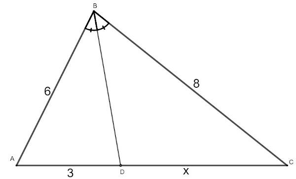 Белый треугольник ABC со сторонами 6, 8 и 3 + x, с проведенной биссектрисой BD.