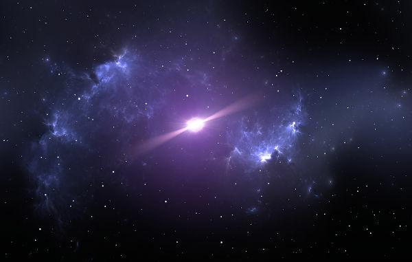 Concepción de una estrella de neutrones que emite un haz de partículas.