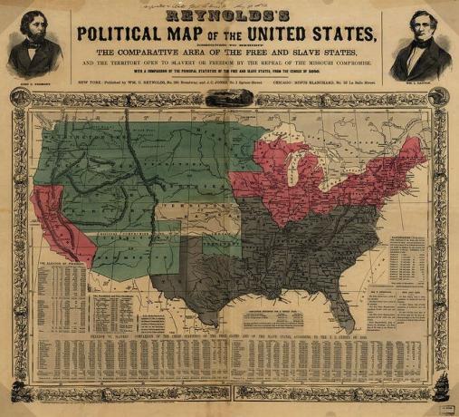 Mapa Stanów Zjednoczonych pokazująca stany niewolnicze i nie-niewolnicze