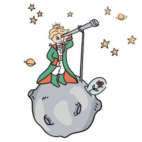 Ilustrācija ar mazo princi, kas ar teleskopu skatās debesīs, blakus rozei, kas prasa visas viņa rūpes.