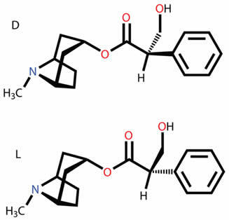 Atropine D (dextrorotatory) and L (levorotatory) stereoisomers
