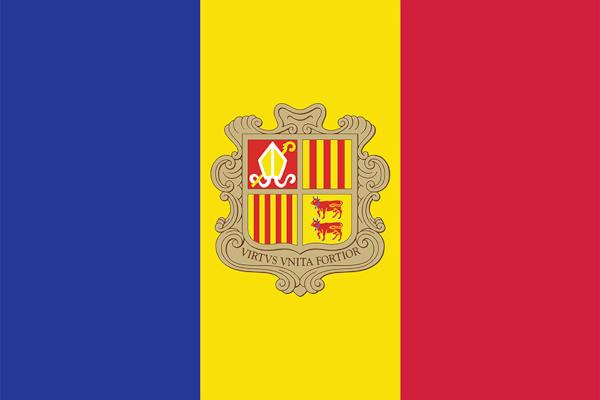 अंडोरा का ध्वज, रंगों के साथ जो फ्रांस (नीला और लाल) और स्पेन (पीला और लाल) के प्रभाव का प्रतीक है। 