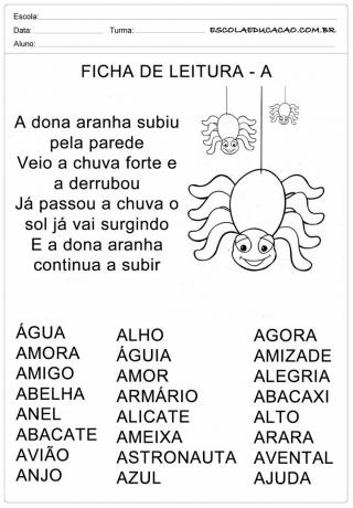 Hoja de lectura Letra A - Araña