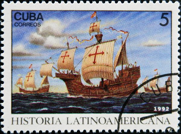 Známka používaná na Kube v roku 1992 pri príležitosti 400. výročia Kolumbovho príchodu do Ameriky. [2]