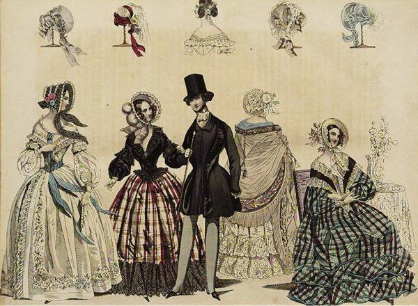 نقش يُظهر أنماطًا عصرية لملابس النساء والرجال في العصر الفيكتوري.