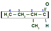 2-metilbutanalio pagrindinės grandinės numeravimas