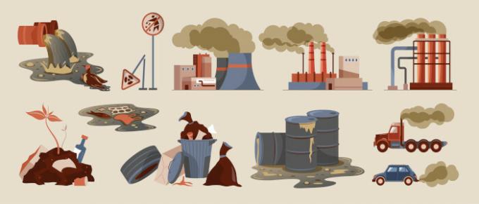 Illustration, der viser nogle af årsagerne til miljøforringelse, hovedsageligt forårsaget af menneskelige aktiviteter.