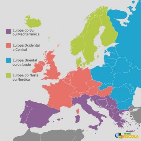 Mapa Evropy zobrazující její regiony