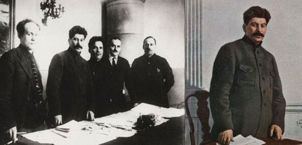 Vasakpoolne originaalfoto Stalinist koos juhtidega. Paremal töödeldud foto postkaart.