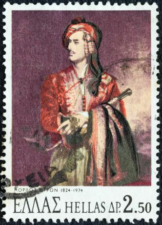 Lord Byron betraktades som en nationell hjälte i Grekland. Avbildad grekisk stämpel till 150-årsjubileum. [2]