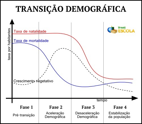 Schematische grafiek van de cyclische processen van de demografische transitie