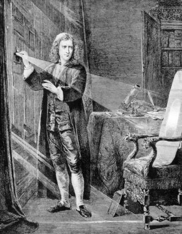 Procházením slunečního světla přes hranol byl Isaac Newton schopen pozorovat jev rozptylu světla
