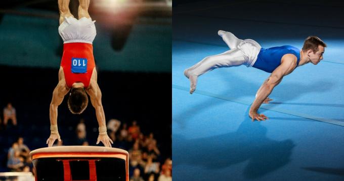 Resim ikiye bölünmüş, her bir parça erkek artistik cimnastikte bir aparatın kullanımını gösteriyor: masanın ve zeminin üzerinden atlama.