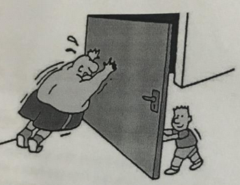 Illustrazione di due persone che spingono una porta durante un esercizio statico.